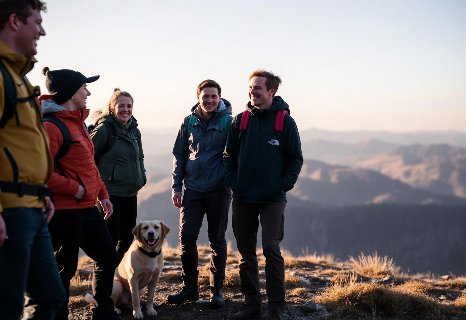 Group of hikers with a dog laughing on a Welsh summit