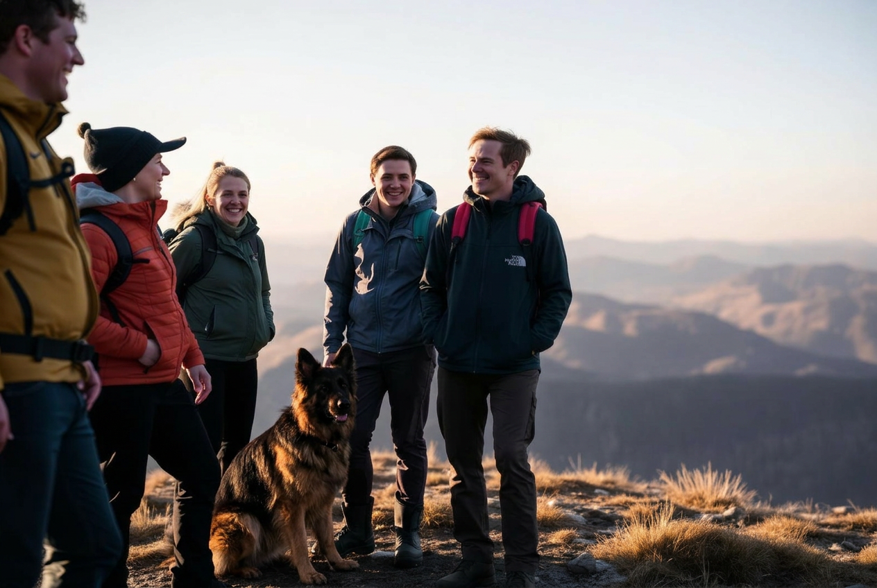 Group of hikers with a dog laughing on a Welsh summit