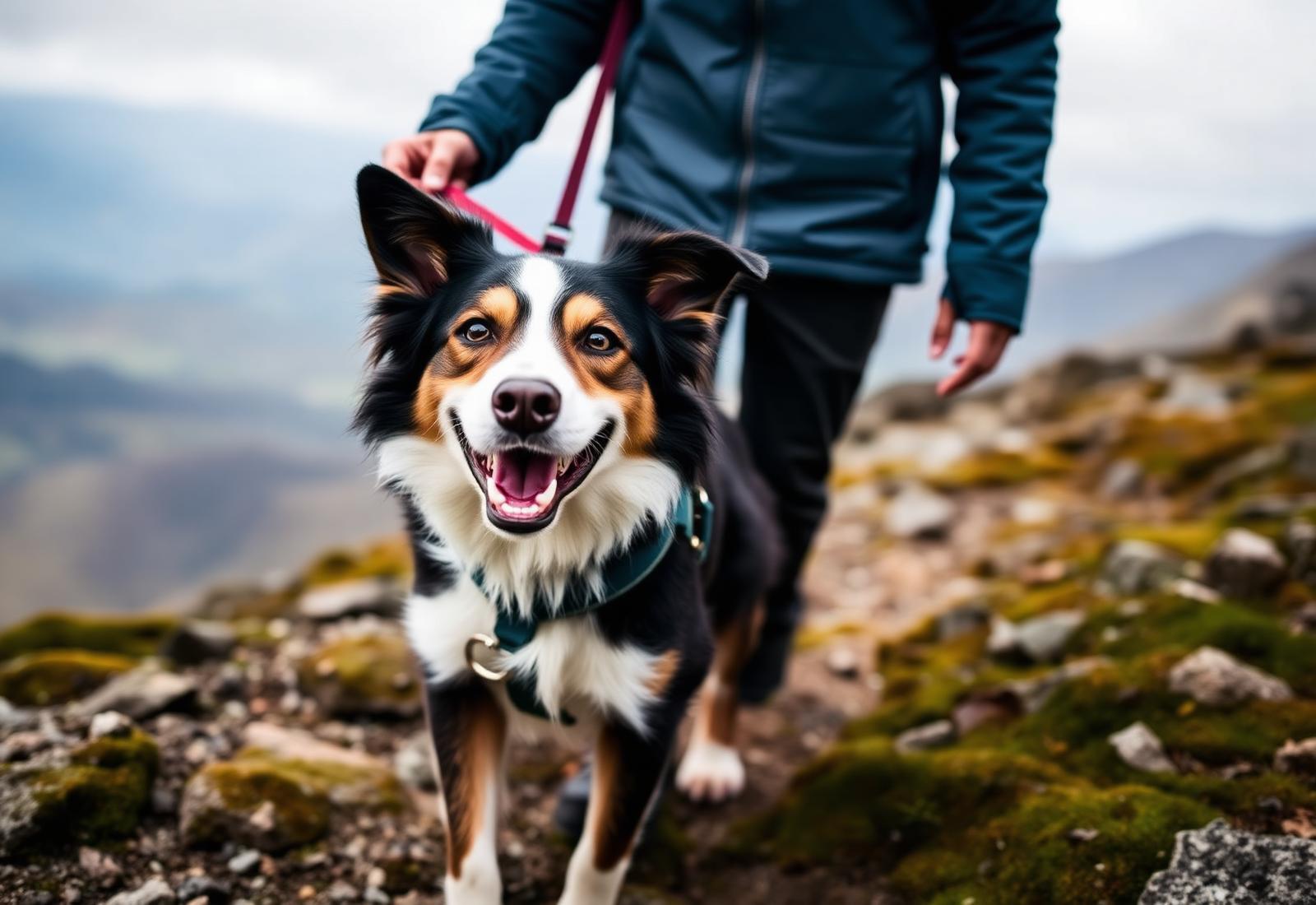 A trail dog wearing an outdoor harness on a Welsh mountain path