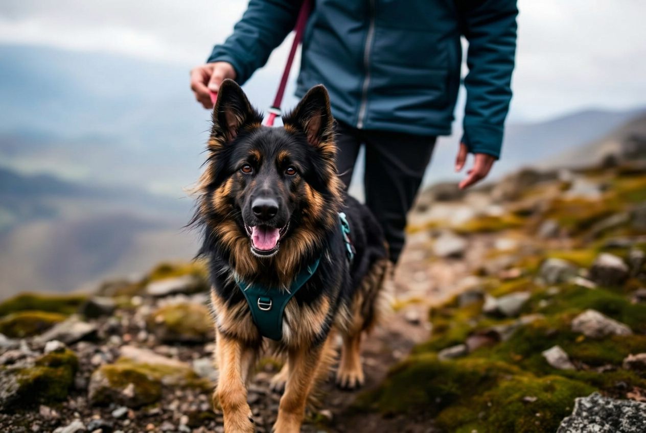 A trail dog wearing an outdoor harness on a Welsh mountain path