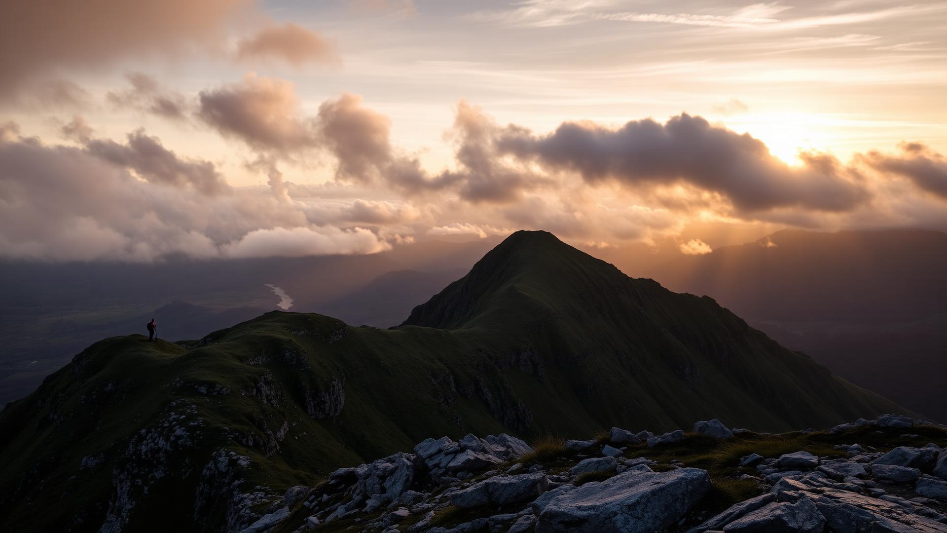 Snowdon summit ridge at sunrise with dramatic Welsh skies
